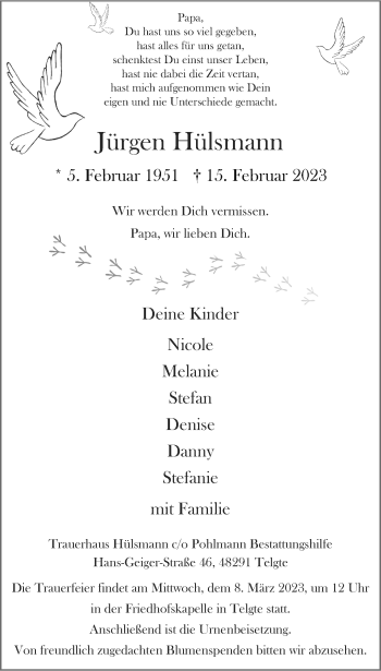 Anzeige von Jürgen Hülsmann 