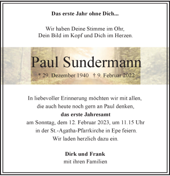 Anzeige von Paul Sundermann 