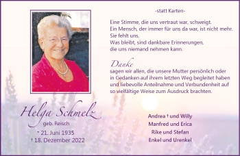 Anzeige von Helga Schmelz 