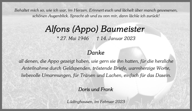  Traueranzeige für Alfons Baumeister vom 16.02.2023 aus 