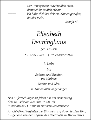 Anzeige von Elisabeth Denninghaus 