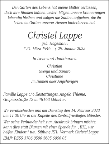 Anzeige von Christel Lappe 