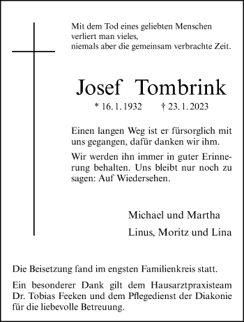 Anzeige von Josef Tombrink 