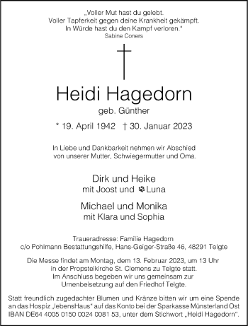 Anzeige von Heidi Hagedorn 