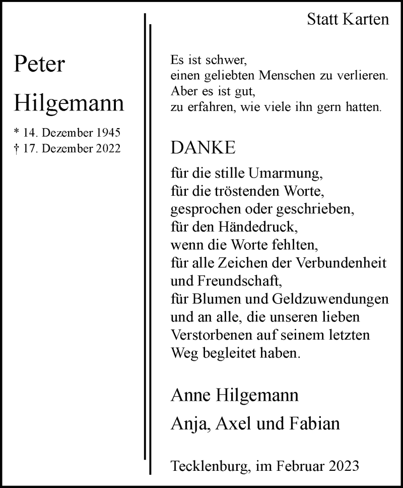  Traueranzeige für Peter Hilgemann vom 11.02.2023 aus 