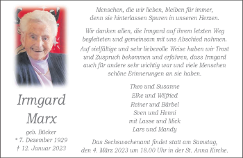 Anzeige von Irmgard Marx 