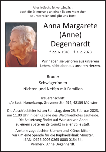 Anzeige von Anna Margarete Degenhardt 