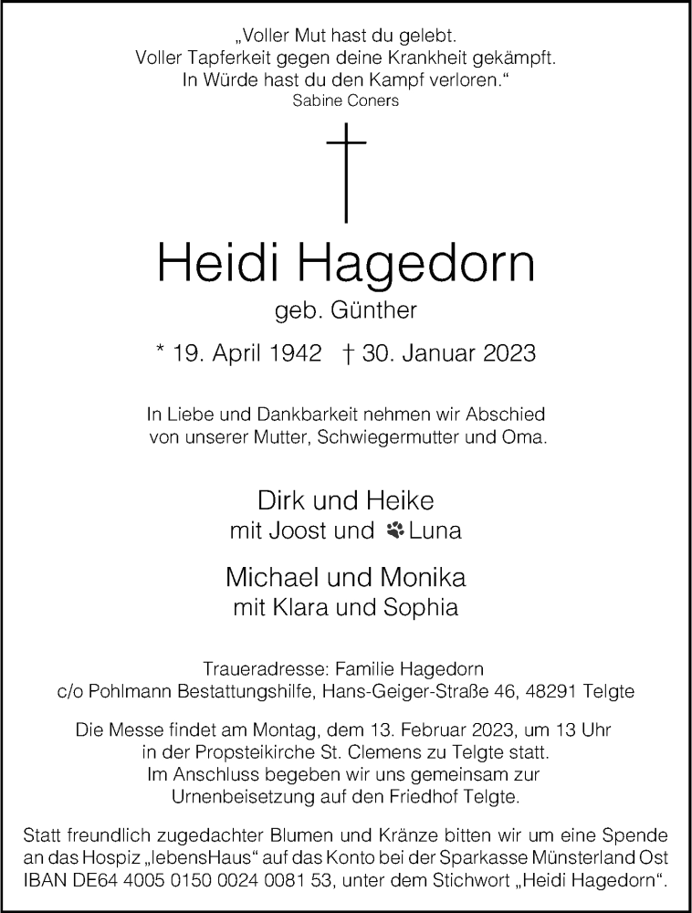  Traueranzeige für Heidi Hagedorn vom 04.02.2023 aus 