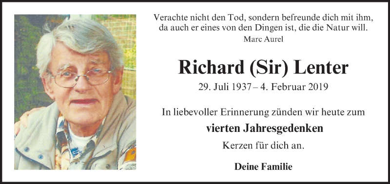  Traueranzeige für Richard Lenter vom 04.02.2023 aus 