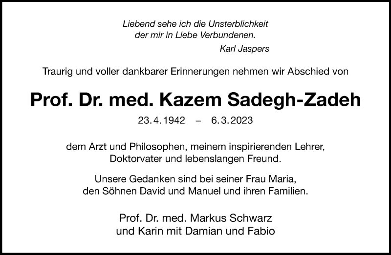  Traueranzeige für Prof. Dr. med. Kazem Sadegh-Zadeh vom 18.03.2023 aus 