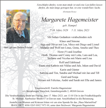 Anzeige von Margarete Hagemeister 