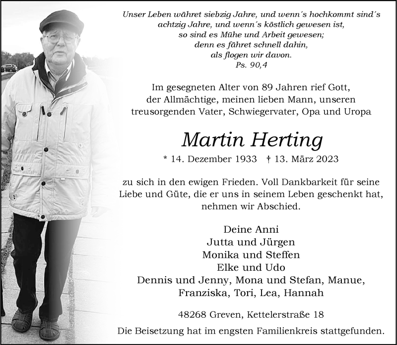  Traueranzeige für Martin Herting vom 18.03.2023 aus 