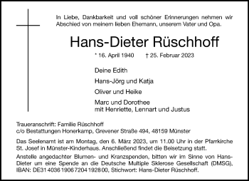 Anzeige von Hans-Dieter Rüschhoff 