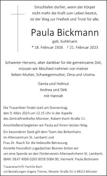Anzeige von Paula Bickmann 