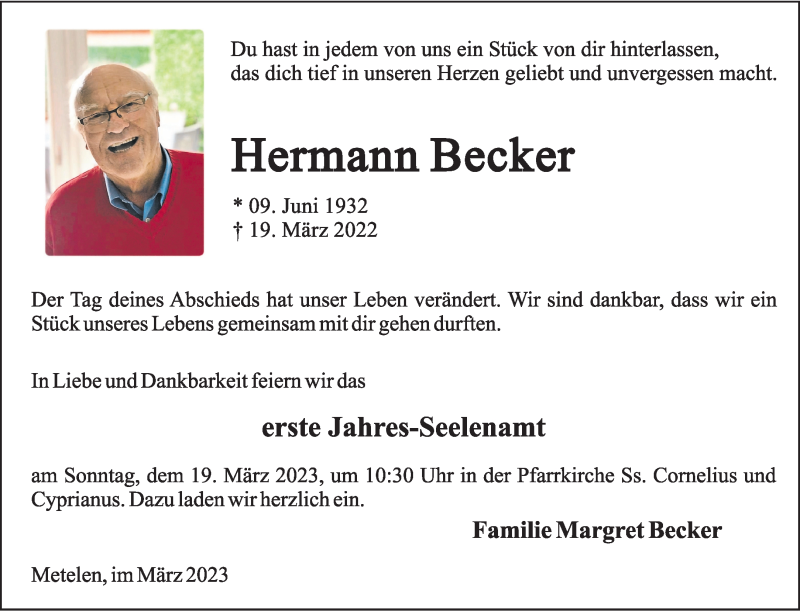  Traueranzeige für Hermann Becker vom 17.03.2023 aus 