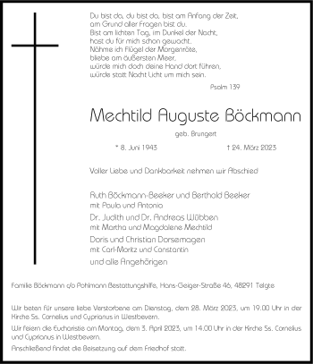 Anzeige von Mechtild Auguste Böckmann 