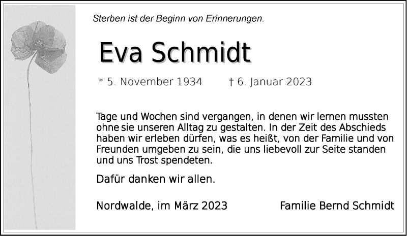  Traueranzeige für Eva Schmidt vom 04.03.2023 aus 