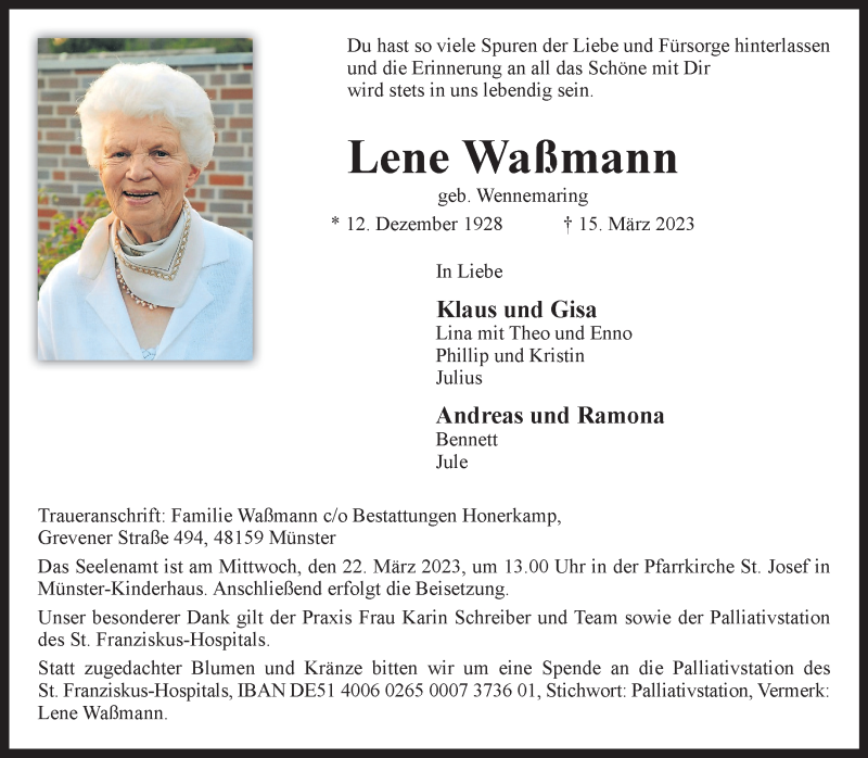  Traueranzeige für Lene Waßmann vom 18.03.2023 aus 