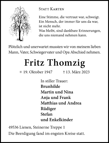 Anzeige von Fritz Thomzig 