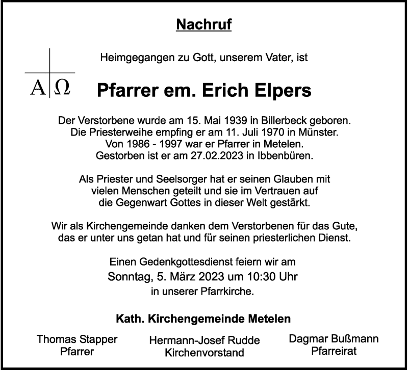 Traueranzeige für Erich Elpers vom 02.03.2023 aus 