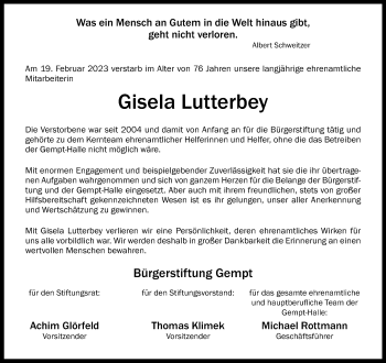 Anzeige von Gisela Lutterbey 