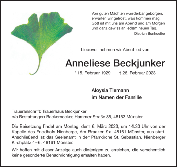 Anzeige von Anneliese Beckjunker 
