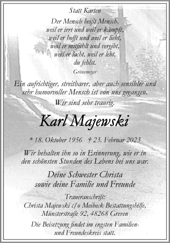 Anzeige von Karl Majewski 