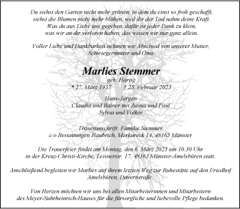 Anzeige von Marlies Stemmer 
