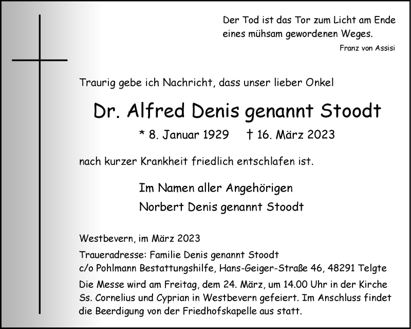 Traueranzeige für Dr. Alfred Denis Genannt Stoodt vom 18.03.2023 aus 