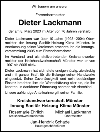 Anzeige von Dieter Lackmann 