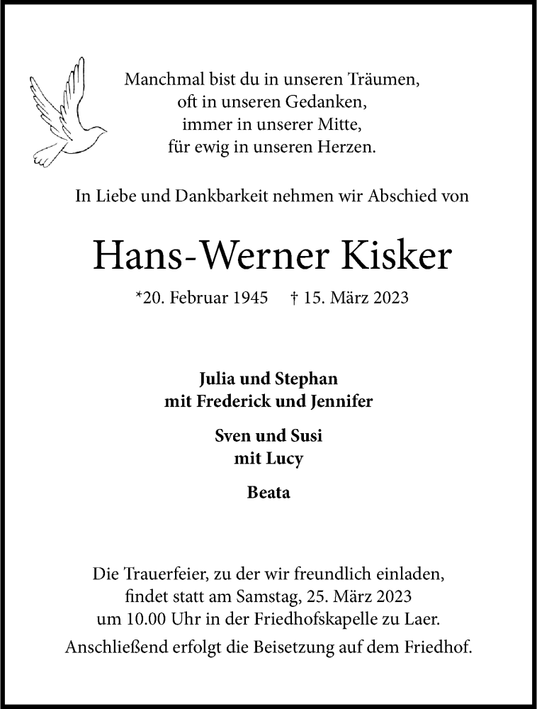  Traueranzeige für Hans-Werner Kisker vom 18.03.2023 aus 