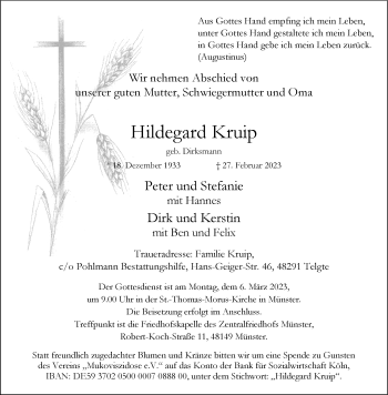Anzeige von Hildegard Kruip 