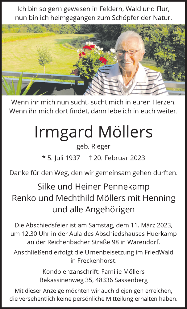  Traueranzeige für Irmgard Möllers vom 04.03.2023 aus 