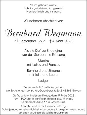 Anzeige von Bernhard Wegmann 