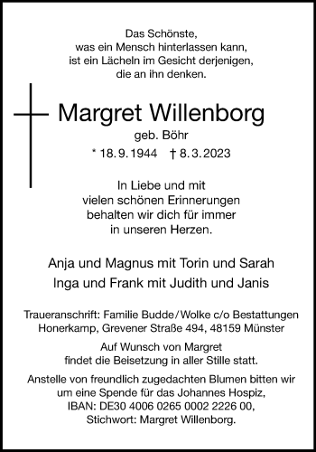 Anzeige von Margret Willenborg 