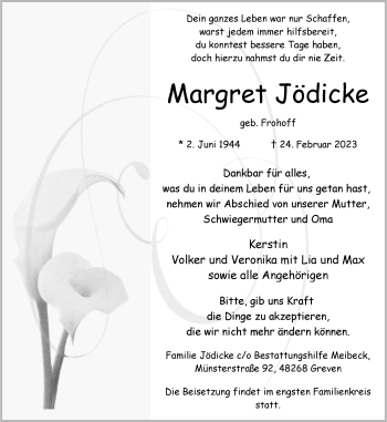 Anzeige von Margret Jödicke 