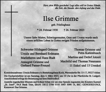 Anzeige von Ilse Grimme 