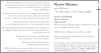 Anzeige von Karin Klasen 