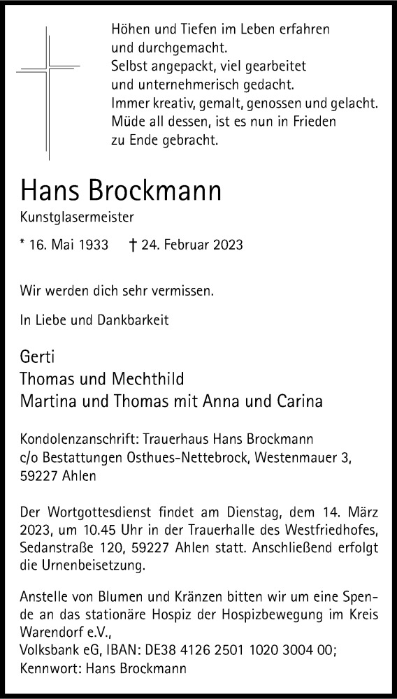  Traueranzeige für Hans Brockmann vom 04.03.2023 aus 