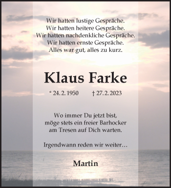 Anzeige von Klaus Farke 