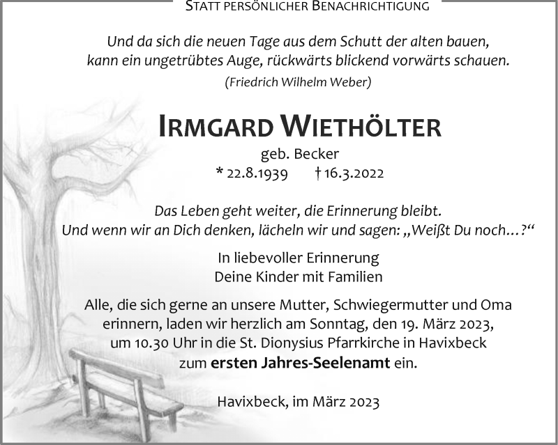  Traueranzeige für Irmgard Wiethölter vom 11.03.2023 aus 