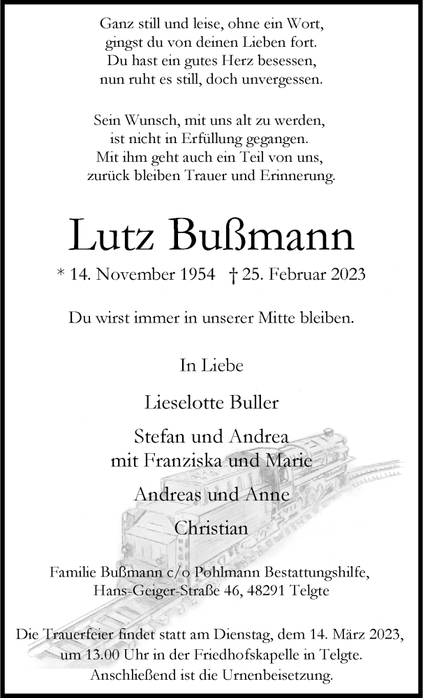  Traueranzeige für Lutz Bußmann vom 11.03.2023 aus 