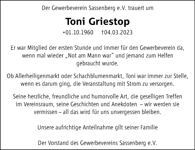  Traueranzeige für Toni Griestop vom 29.03.2023 aus 