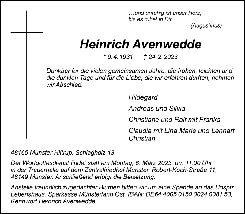  Traueranzeige für Heinrich Avenwedde vom 01.03.2023 aus 