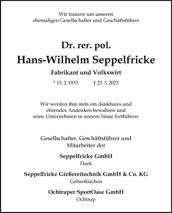 Anzeige von Dr. Rer. Pol. Hans-Wilhelm Seppelfricke 