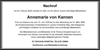 Anzeige von Annemarie von Kannen 