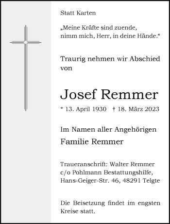 Anzeige von Josef Remmer 