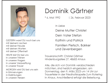 Anzeige von Dominik Gärtner 