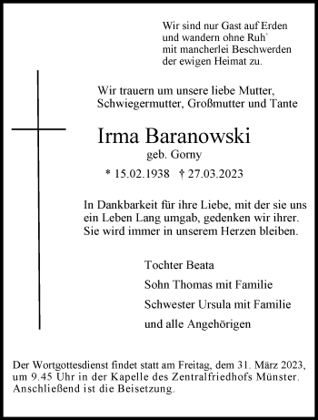 Anzeige von Irma Baranowski 