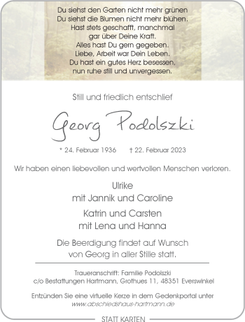 Anzeige von Georg Podolszki 